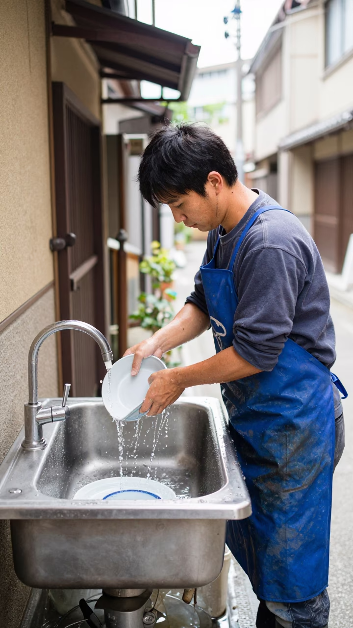 Rinsing Saucers in Kyoto in in Kyoto, Japan