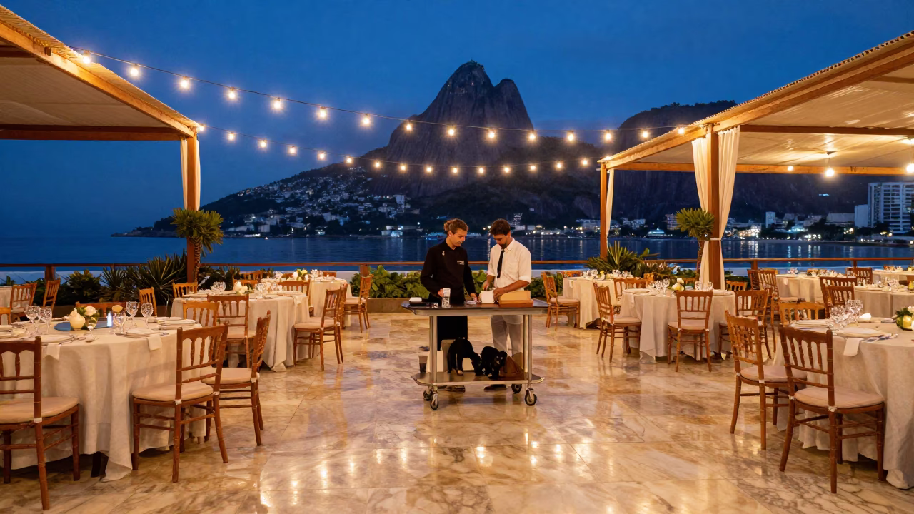 Rio Banquet Hall Kit Tote Blue Hour Glow in inside a banquet hall before service near Rio de Janeiro