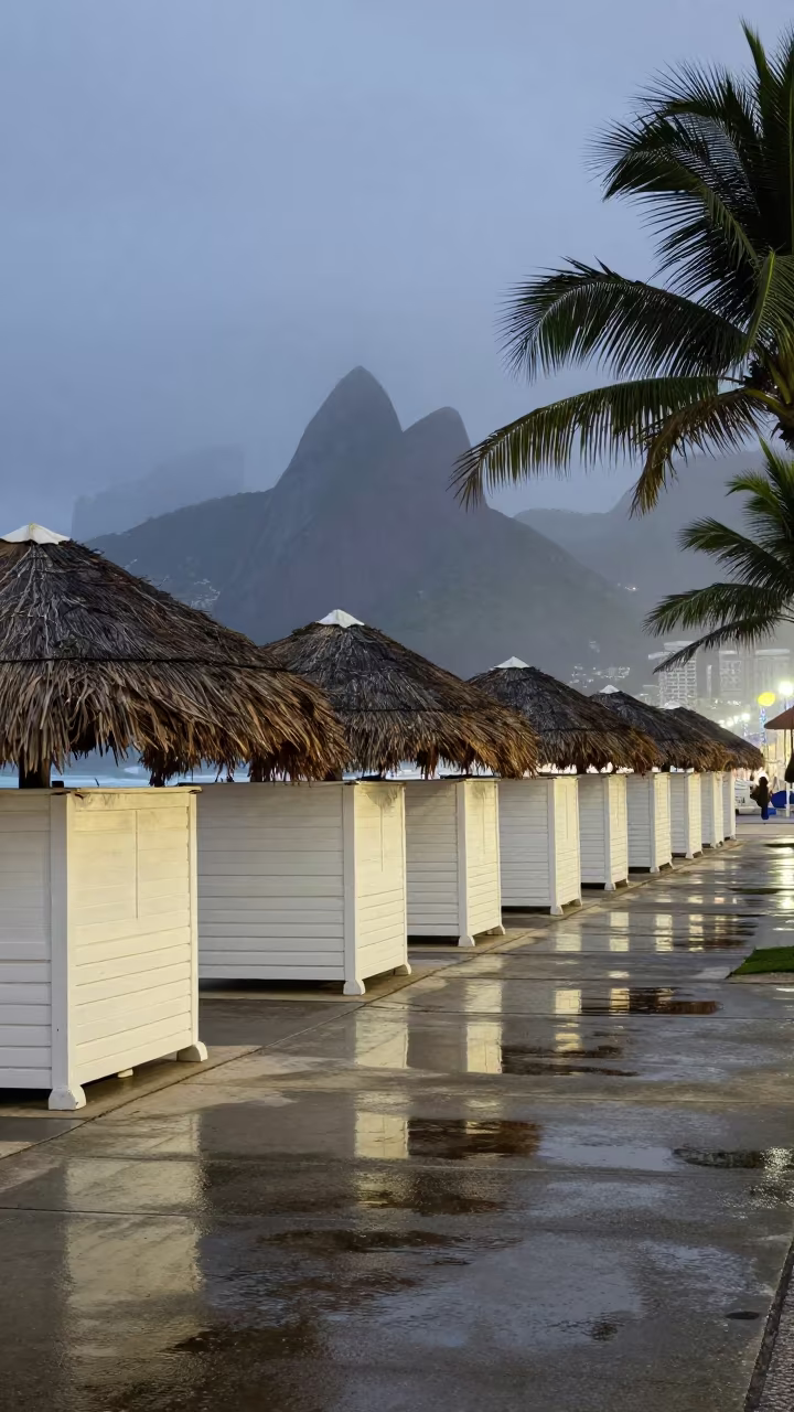 Rio Beach Cabanas at Twilight with Foggy Reflections in on a resort pool deck in Rio de Janeiro