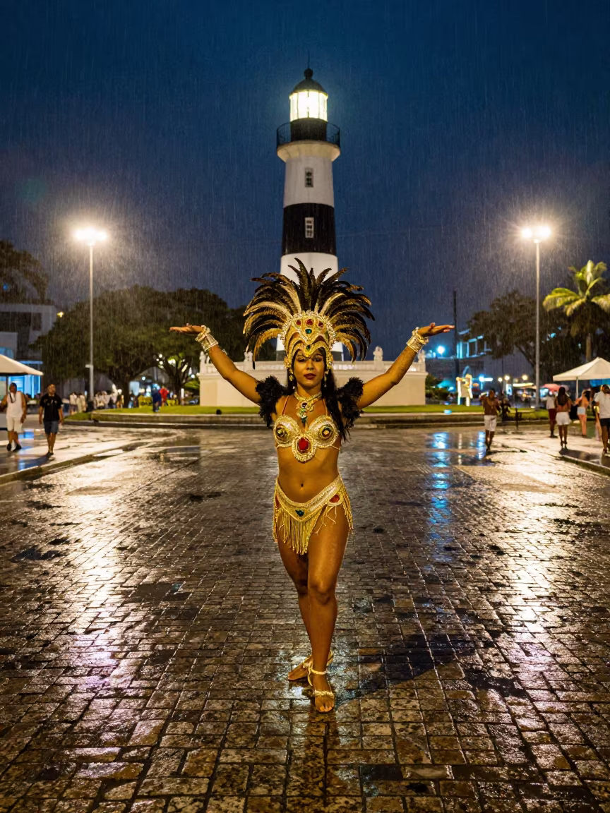 Rio Carnival Dancer in Feathered Headdress Night in at a public square during a festival near Rio de Janeiro
