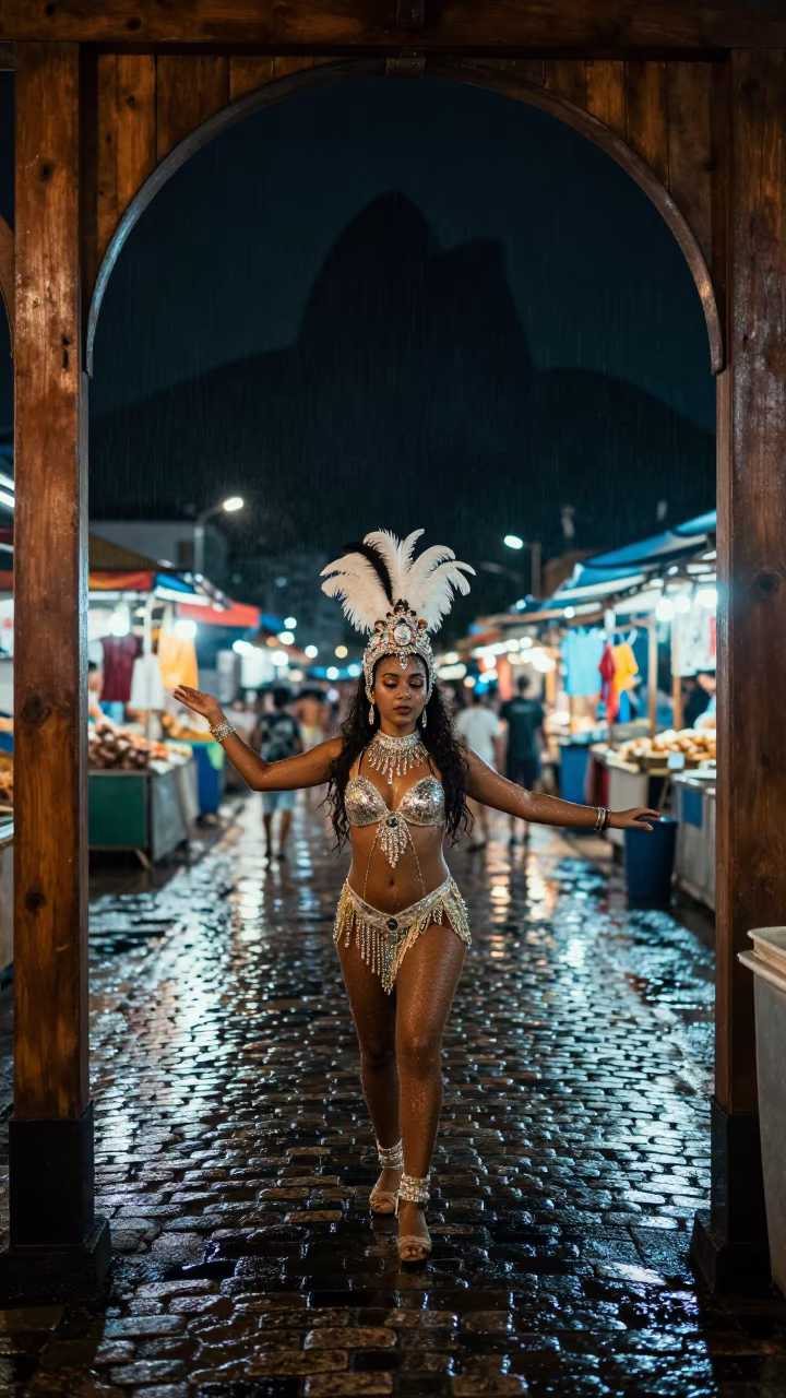 Rio Carnival Dancer at Night Market in at a night market near Rio de Janeiro
