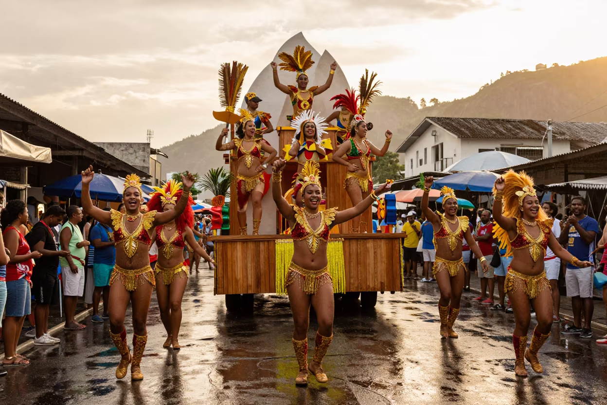 Rio Carnival Float Dancers Golden Hour Market Lane in along a market lane in Rio de Janeiro