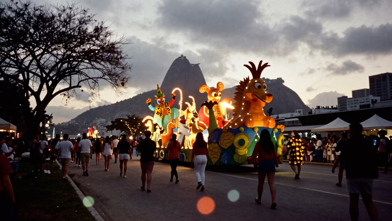 Rio Carnival Float Silhouette Winter Evening in at a public square during a festival near São Paulo