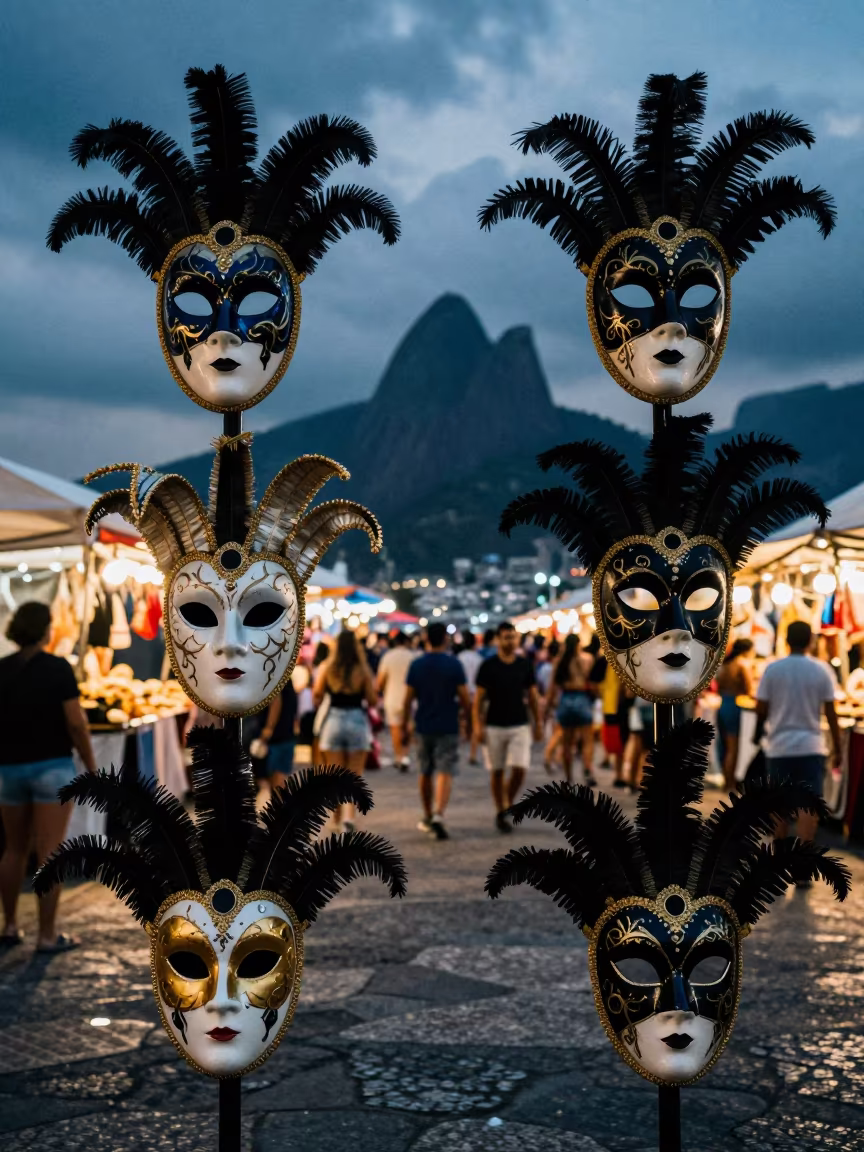 Rio Carnival Masks Silhouetted Blue Evening Light in at a night market in Rio de Janeiro