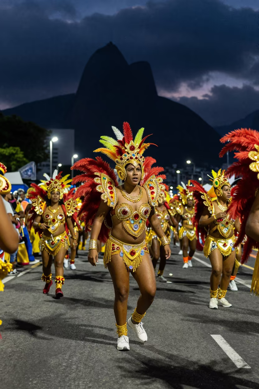 Rio Carnival Parade Under Night Sky in at a festival street procession in Rio de Janeiro