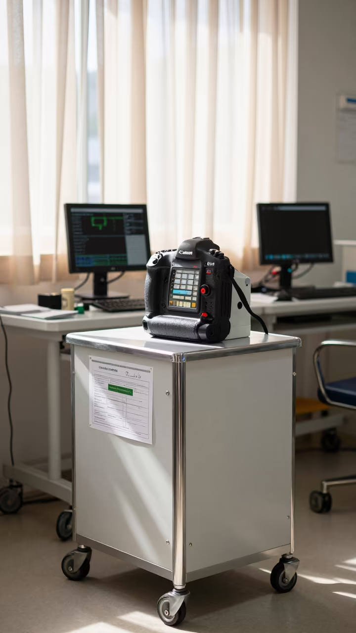 Rio Clinic Escort Pager Dock at Nurse Station in at a nurse station under monitor glow in Rio de Janeiro