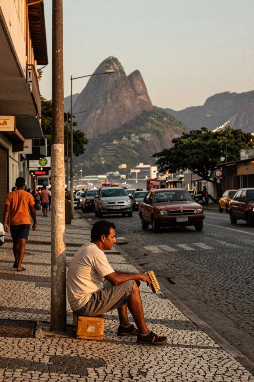 Rio de Janeiro 1960s Street Scene with Shoe Brush and Local Interaction in in Rio de Janeiro, Brazil