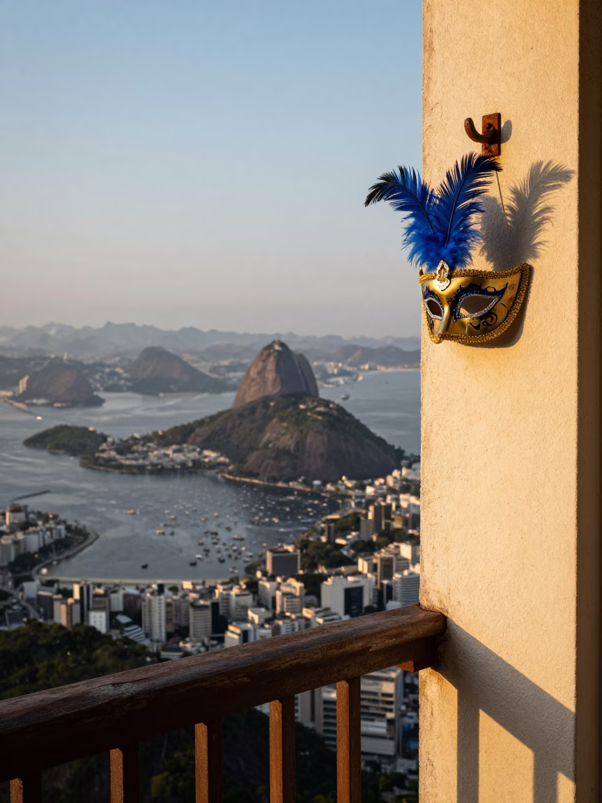 Rio de Janeiro Balcony View with Mardi Gras Mask at Early Evening in in Rio de Janeiro, Brazil