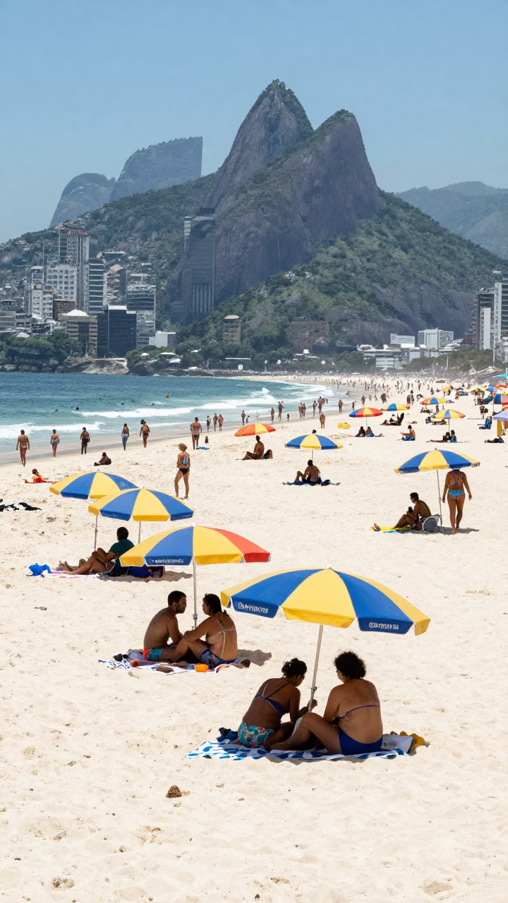 Rio de Janeiro Beach Scene with Tourists and Urban Skyline at Midday in in Rio de Janeiro, Brazil