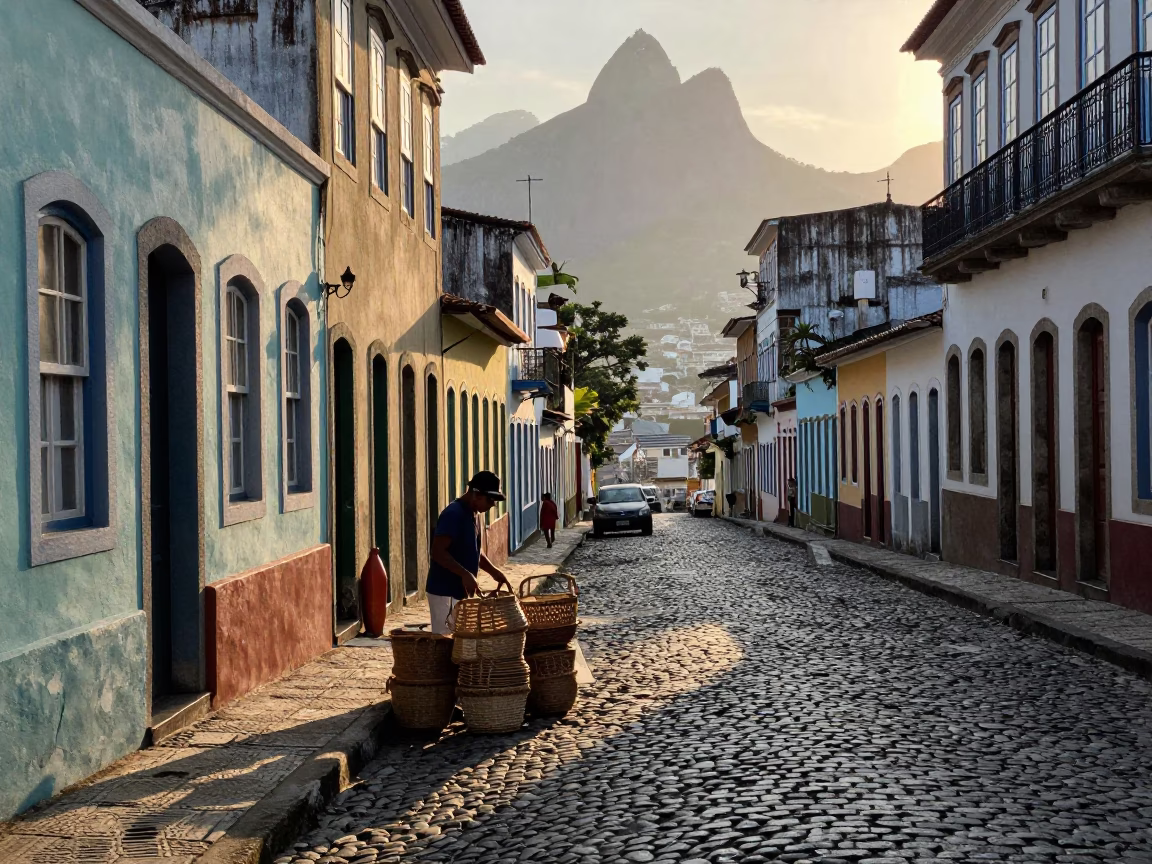 Rio de Janeiro Before Sunrise Cobblestone Street with Woven Baskets and Fishing Boat in in Rio de Janeiro, Brazil