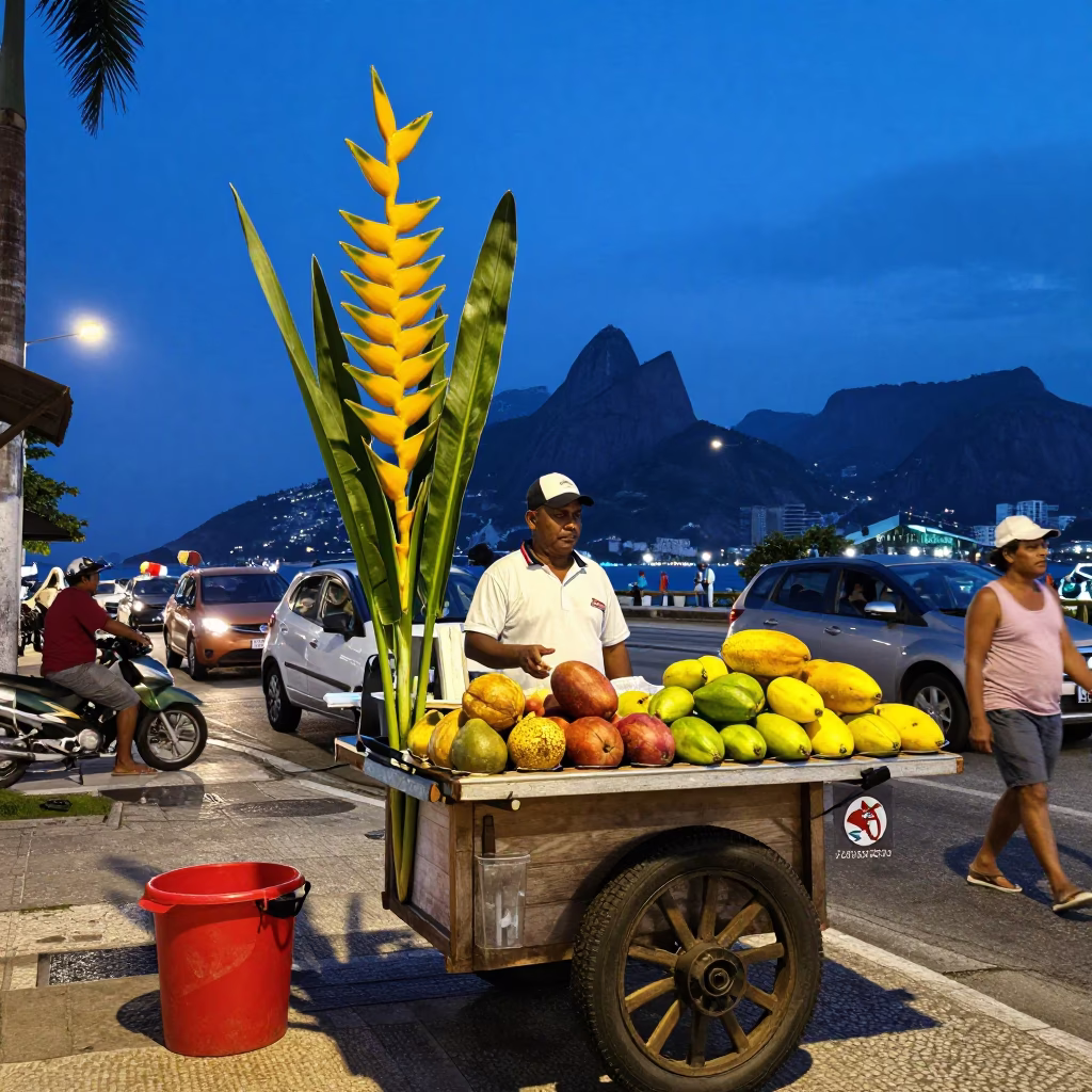 Rio de Janeiro Blue Hour Heliconia Flowers and Street Food Stall in in Rio de Janeiro, Brazil