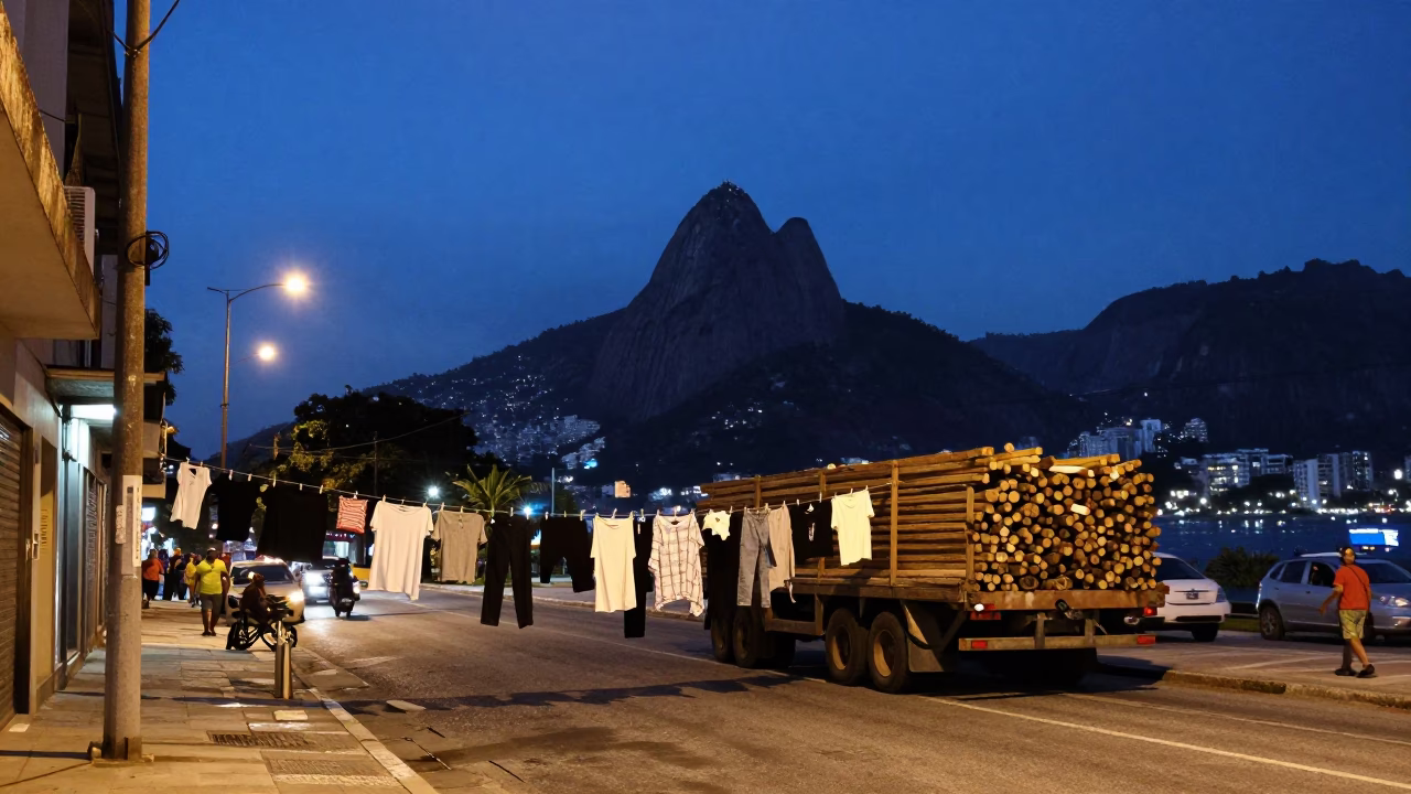 Rio de Janeiro Blue Hour Street Scene with Clothesline and Lumber Transport in in Rio de Janeiro, Brazil