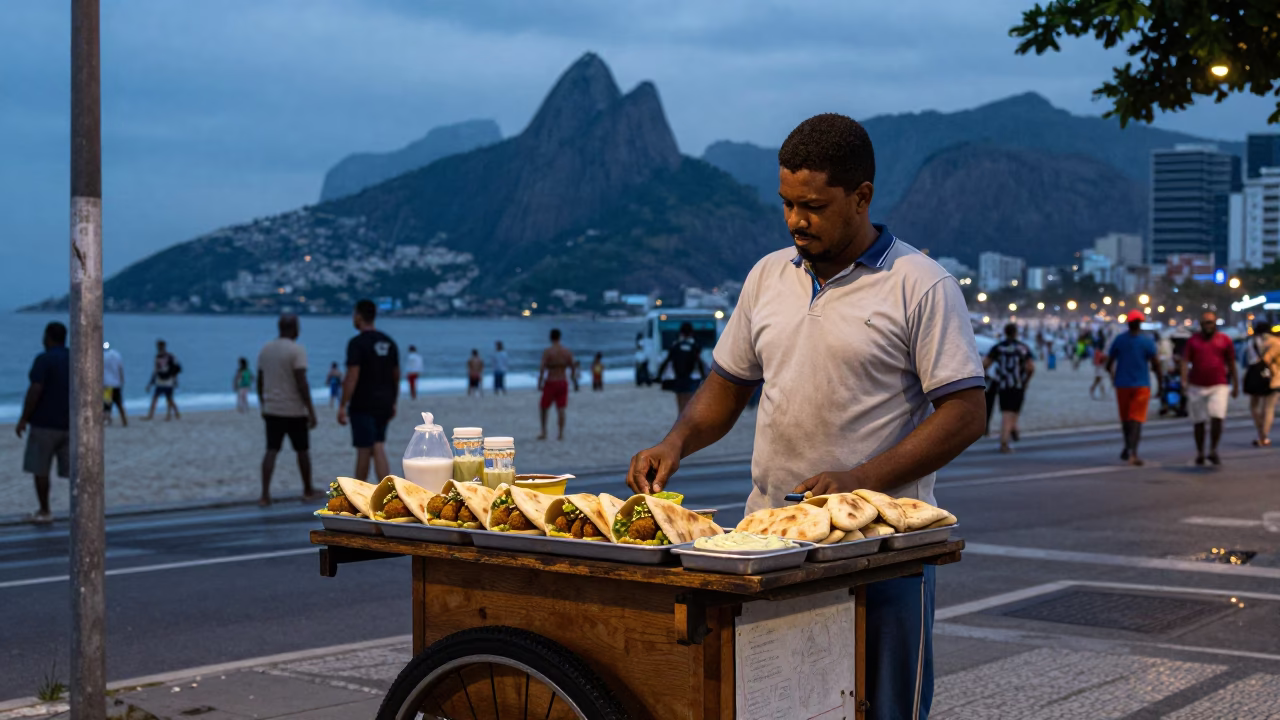 Rio de Janeiro Blue Hour Street Scene with Local Food Vendor and Urban Atmosphere in in Rio de Janeiro, Brazil