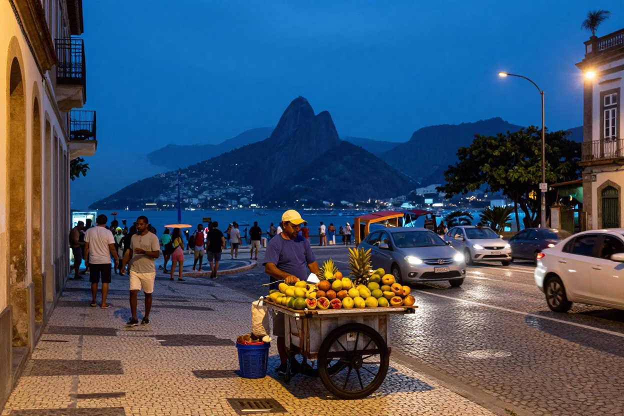 Rio de Janeiro Blue Hour Street Scene with Local Vendor and Urban Details in in Rio de Janeiro, Brazil