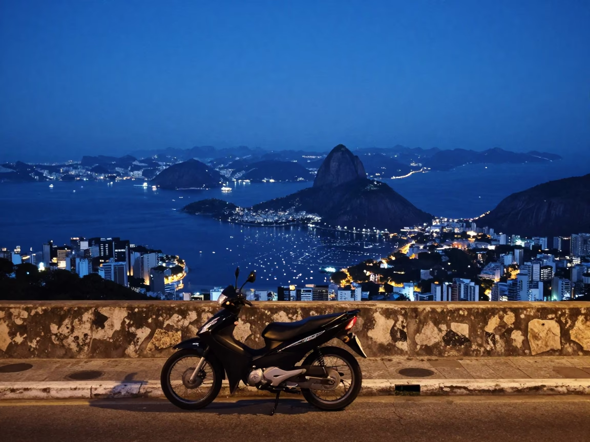 Rio de Janeiro Blue Hour Street Scene with Motorcycle and City Lights in in Rio de Janeiro, Brazil