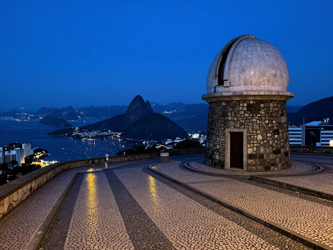 Rio de Janeiro Blue Hour Street Scene with Stone Observatory on Hilltop Background in in Rio de Janeiro, Brazil