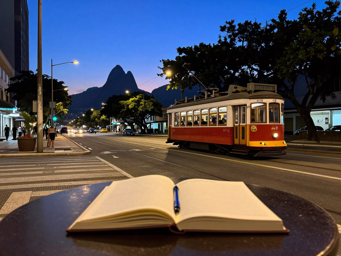 Rio de Janeiro Blue Hour Street Scene with Tramcar and Notebook on Table in in Rio de Janeiro, Brazil