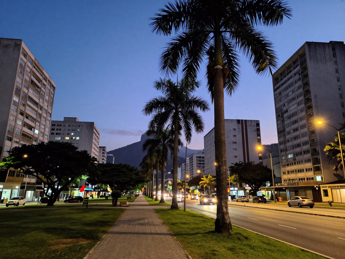 Rio de Janeiro Boulevard at Dusk with Palm Trees and Vintage Car in in Rio de Janeiro, Brazil