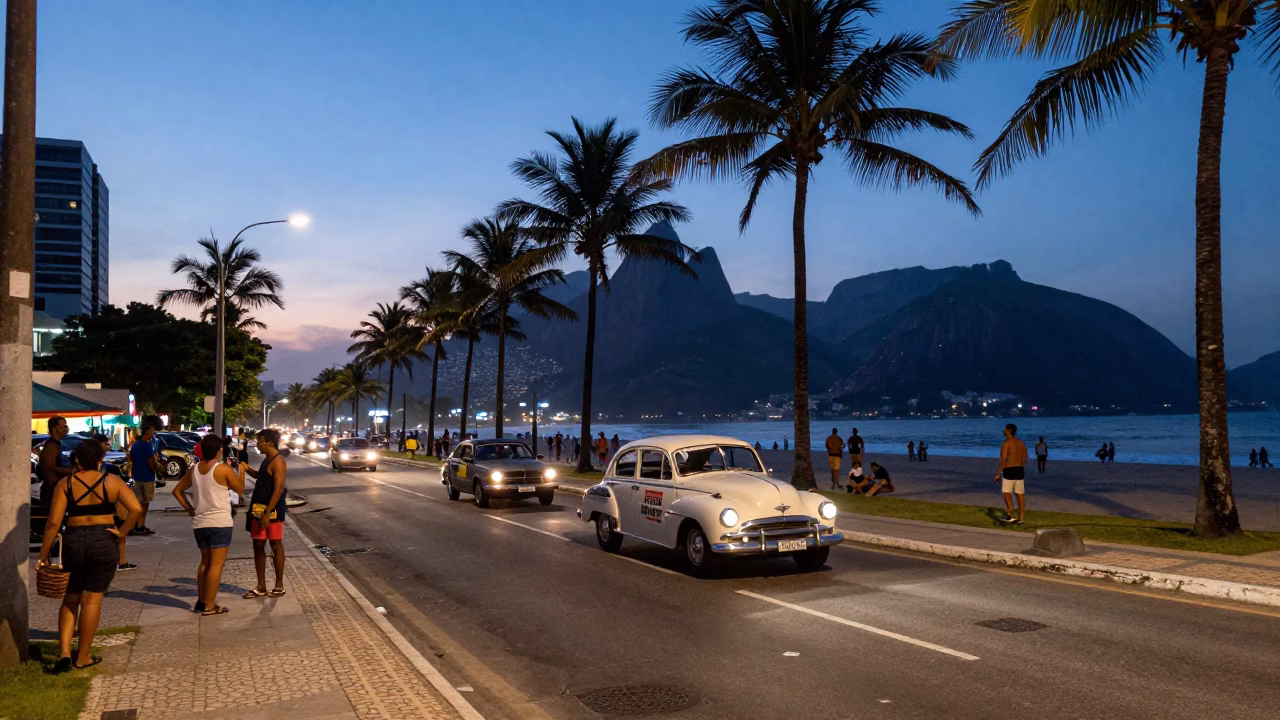 Rio de Janeiro Brazil Blue Hour Street Scene with Vintage Car and Local Life in in Rio de Janeiro, Brazil