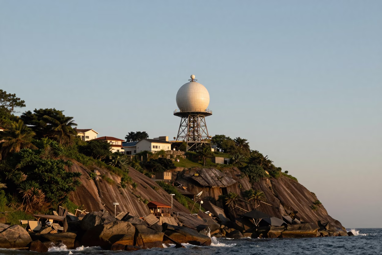 Rio de Janeiro Brazil coastal bluff weather radar installation at first light in in Rio de Janeiro, Brazil