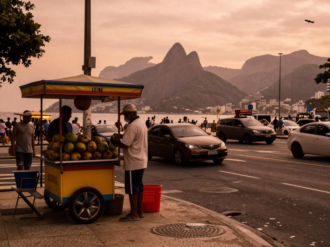 Rio de Janeiro Brazil Copper Dusk Street Scene with Linen Details and Urban Life in in Rio de Janeiro, Brazil