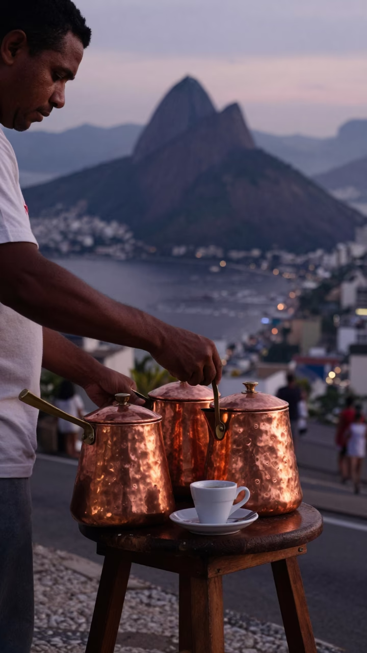 Rio de Janeiro Brazil Copper Pots and Espresso Cup in Dusk Light in in Rio de Janeiro, Brazil