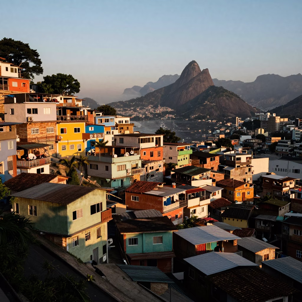 Rio de Janeiro Brazil Dawn Street Scene with Colorful Favela Architecture and Local Life in in Rio de Janeiro, Brazil