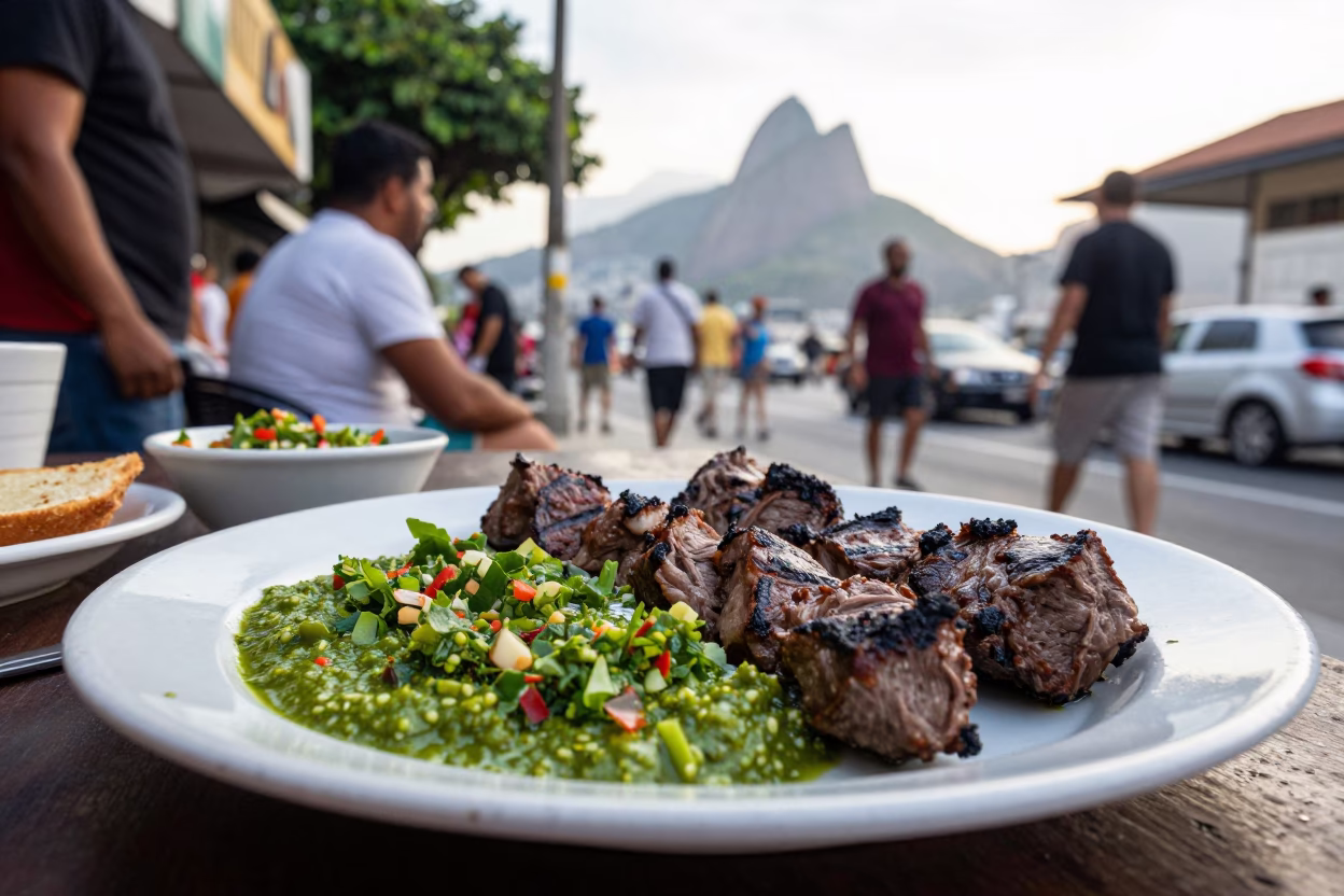 Rio de Janeiro Brazil Early Afternoon Street Scene with Churrasco and Chimichurri Plate in in Rio de Janeiro, Brazil