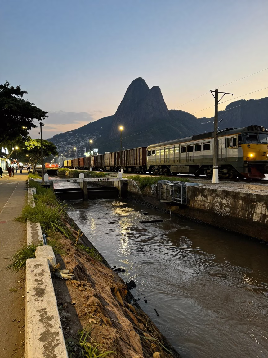Rio de Janeiro Brazil Early Evening Street Scene with Freight Train and Muddy Canal in in Rio de Janeiro, Brazil