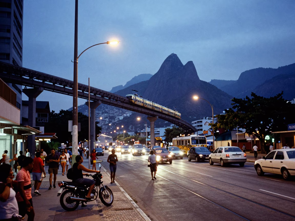 Rio de Janeiro Brazil Evening Monorail Overlook Motorcycle Street Scene in in Rio de Janeiro, Brazil