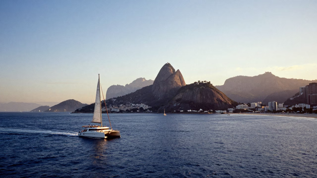 Rio de Janeiro Brazil Golden Hour Landscape Catamaran Cutting Through Blue Water in in Rio de Janeiro, Brazil