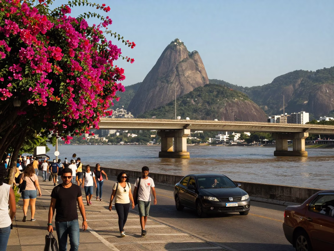 Rio de Janeiro Brazil Late Afternoon Street Scene with Bougainvillea and Bridge Pier in in Rio de Janeiro, Brazil