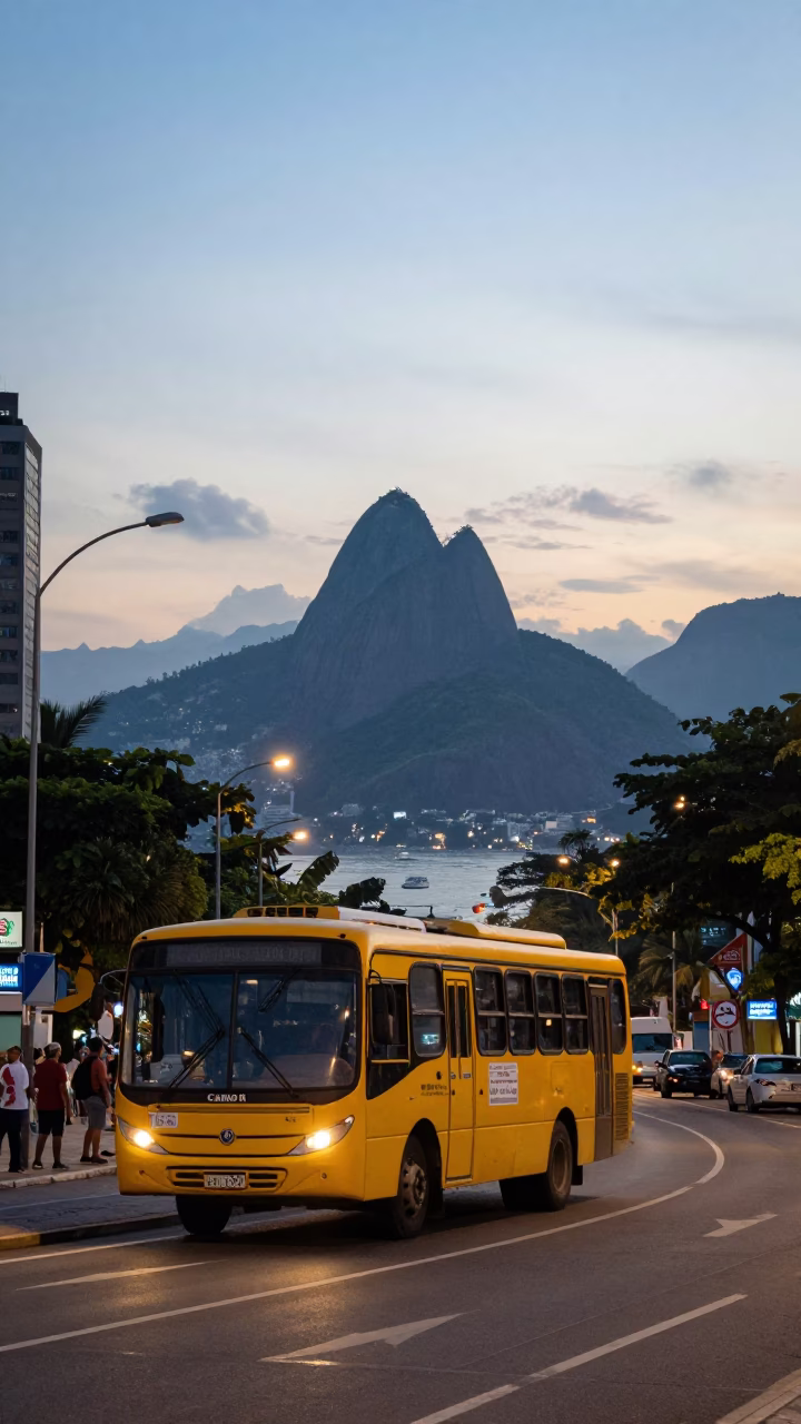 Rio de Janeiro Brazil Nautical Dawn Street Scene with Yellow Bus and Coastal Mountains in in Rio de Janeiro, Brazil