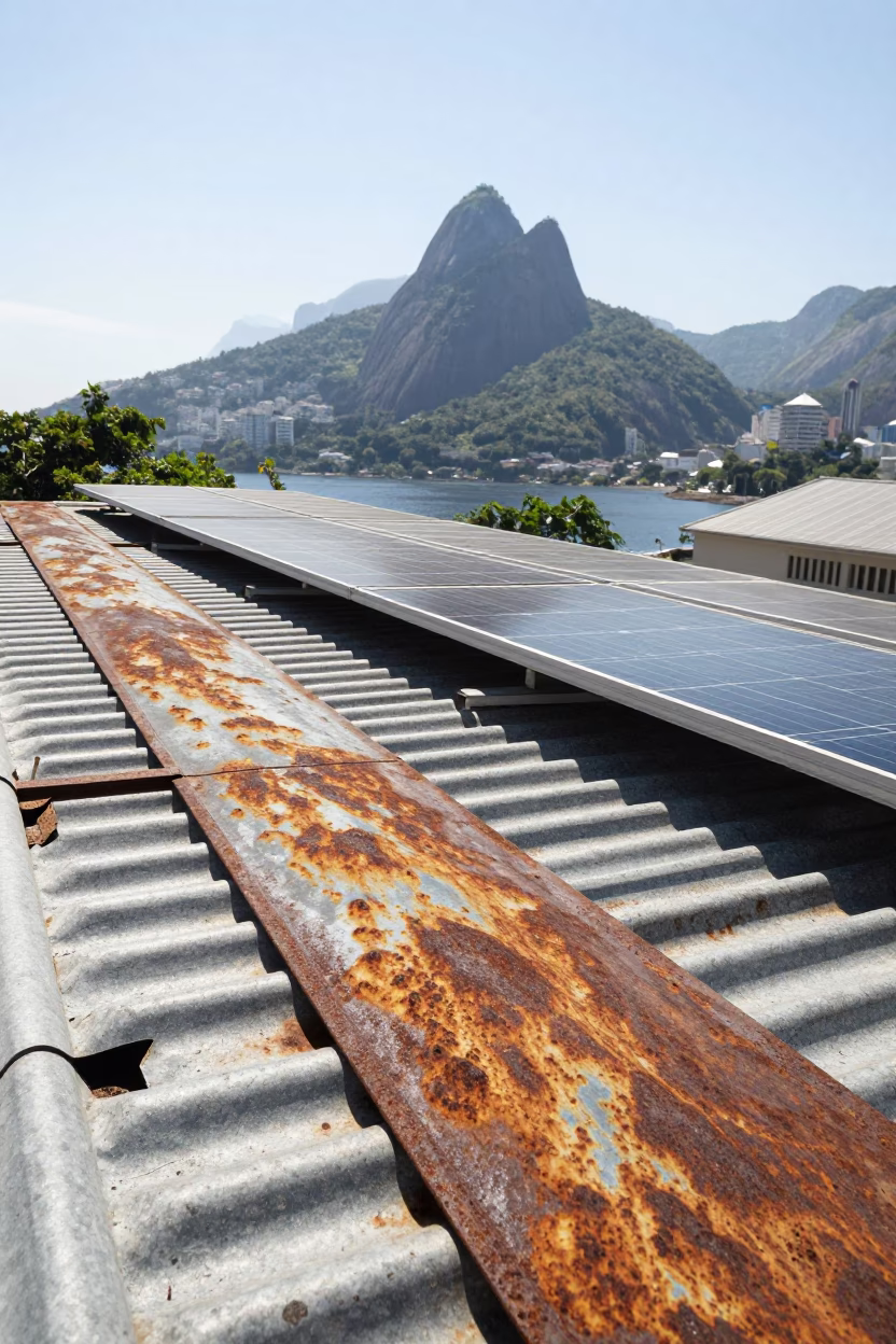 Rio de Janeiro Brazil Noon Sunlight on Rusty Metal and Solar Panels in Favela in in Rio de Janeiro, Brazil