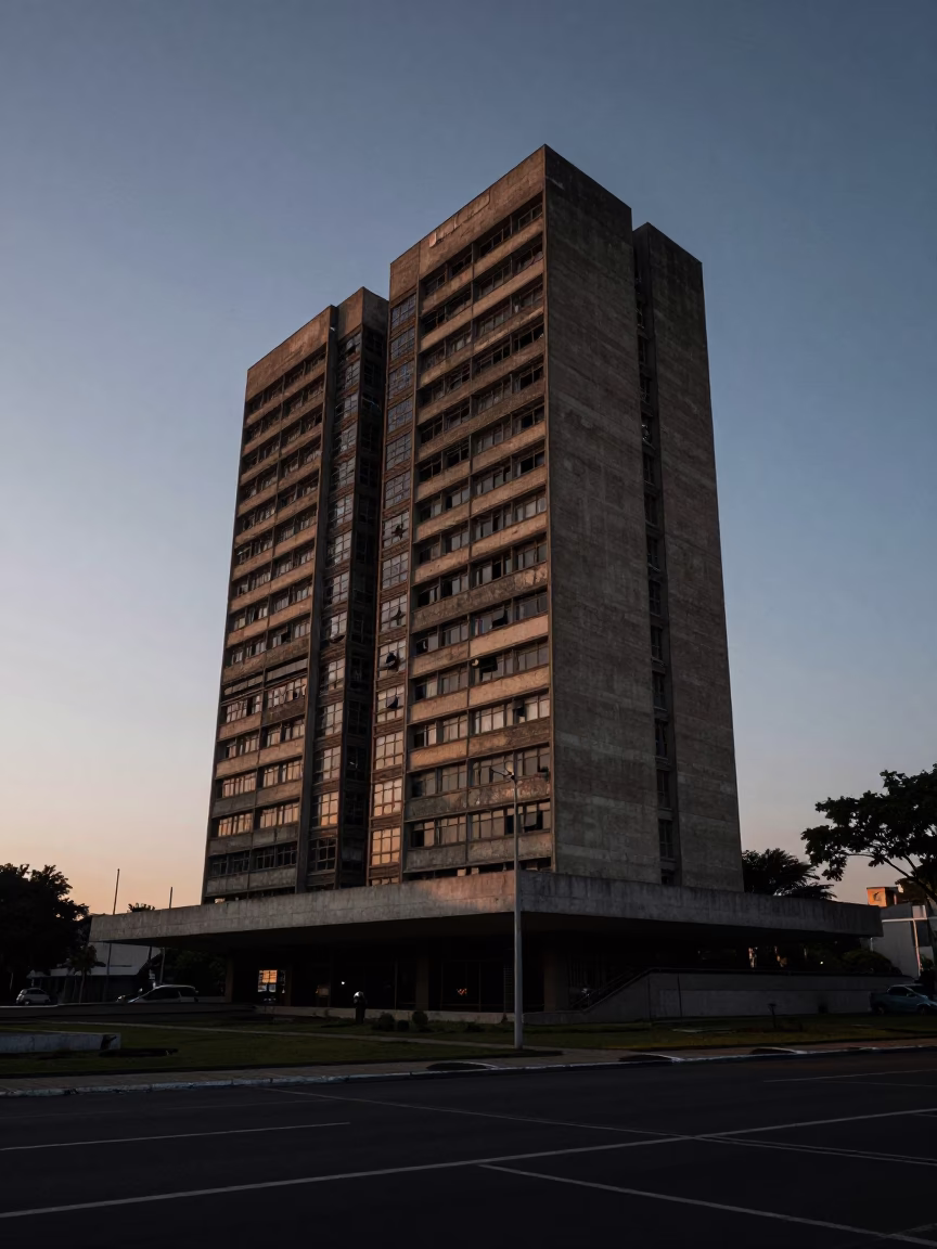 Rio de Janeiro Brazil Predawn Dark Concrete Brutalist University Building Horizon Shot in in Rio de Janeiro, Brazil