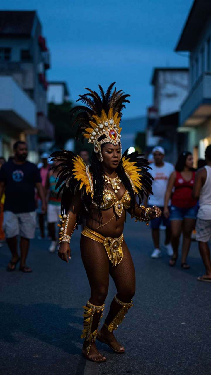 Rio de Janeiro Brazil predawn street scene with Carnival dancer in feathered headdress in in Rio de Janeiro, Brazil