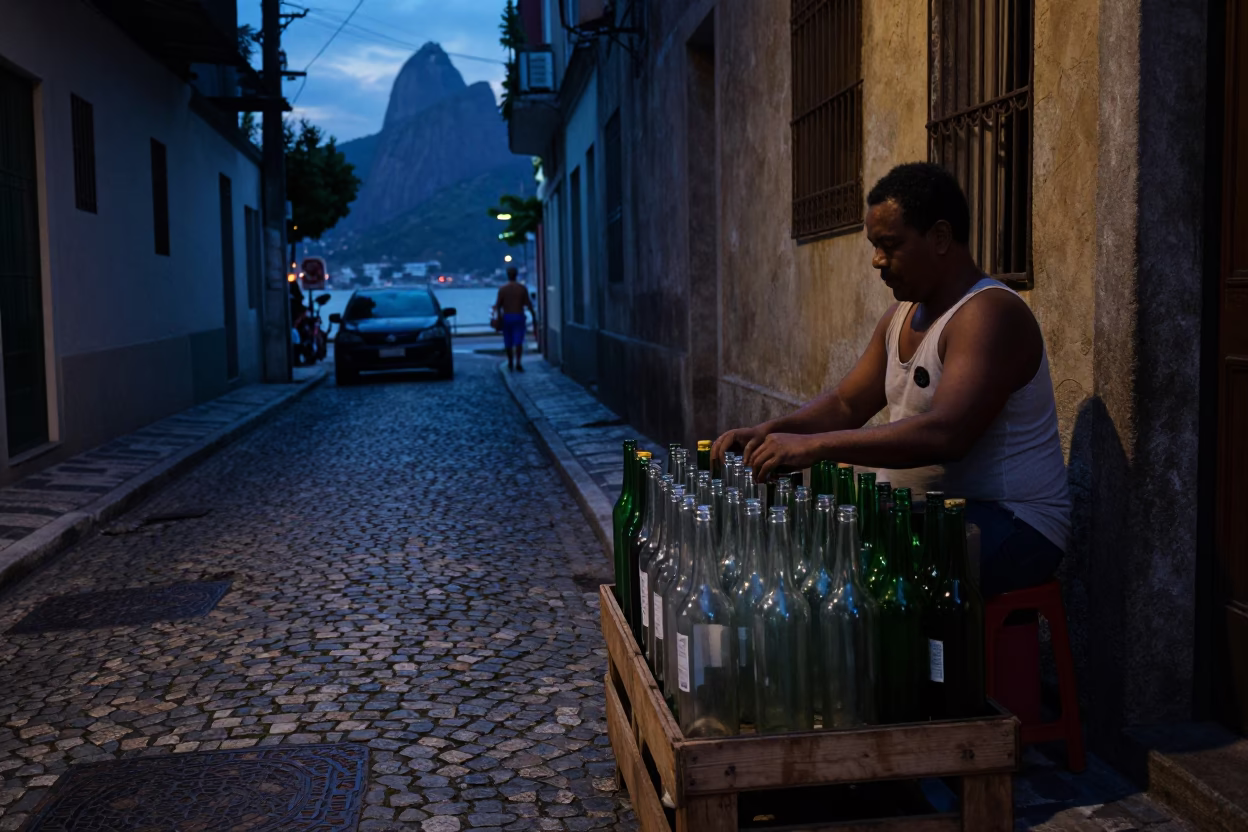 Rio de Janeiro Brazil predawn street scene with glass bottles and iron architecture in in Rio de Janeiro, Brazil