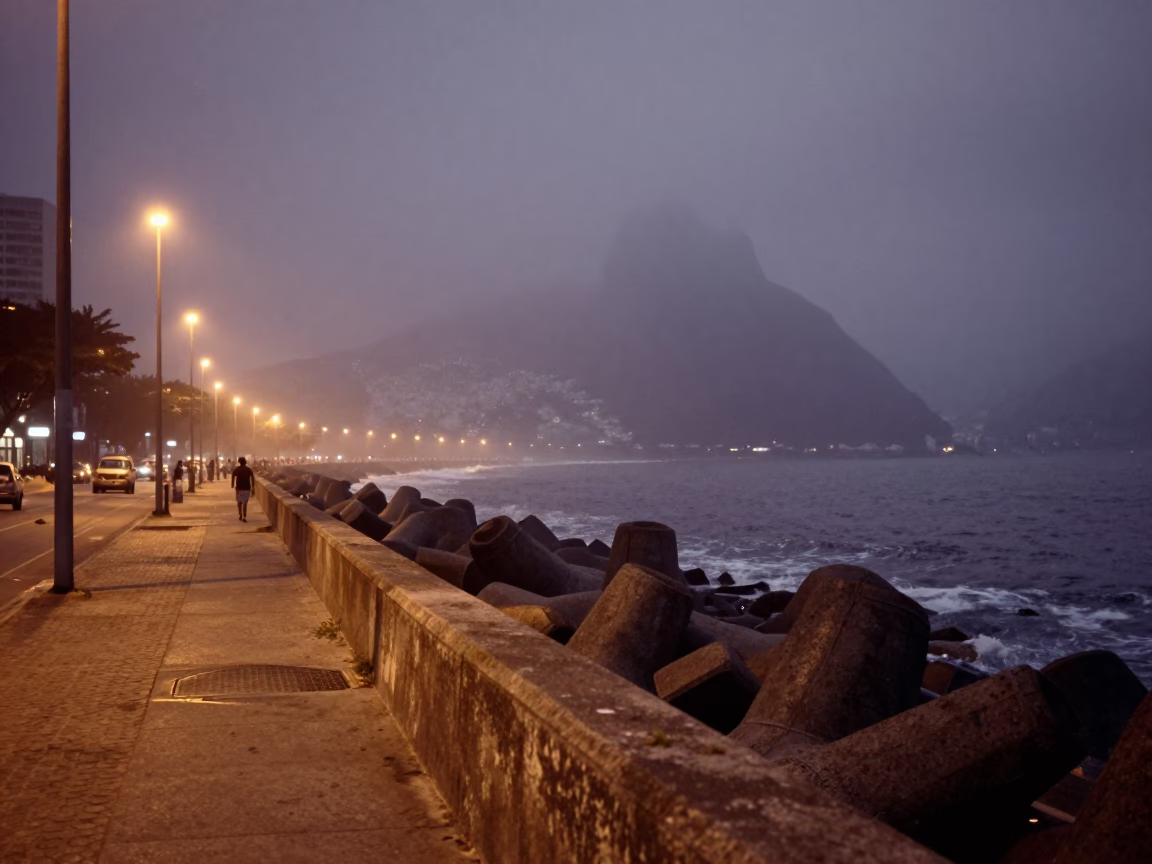 Rio de Janeiro Brazil Predawn Street Scene with Sea Fog and Breakwater in in Rio de Janeiro, Brazil
