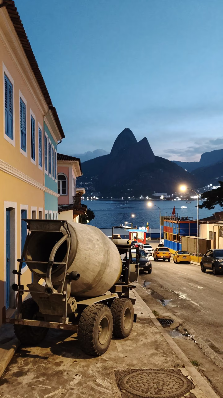 Rio de Janeiro Brazil Twilight Street Scene with Construction and Harbor Views in in Rio de Janeiro, Brazil
