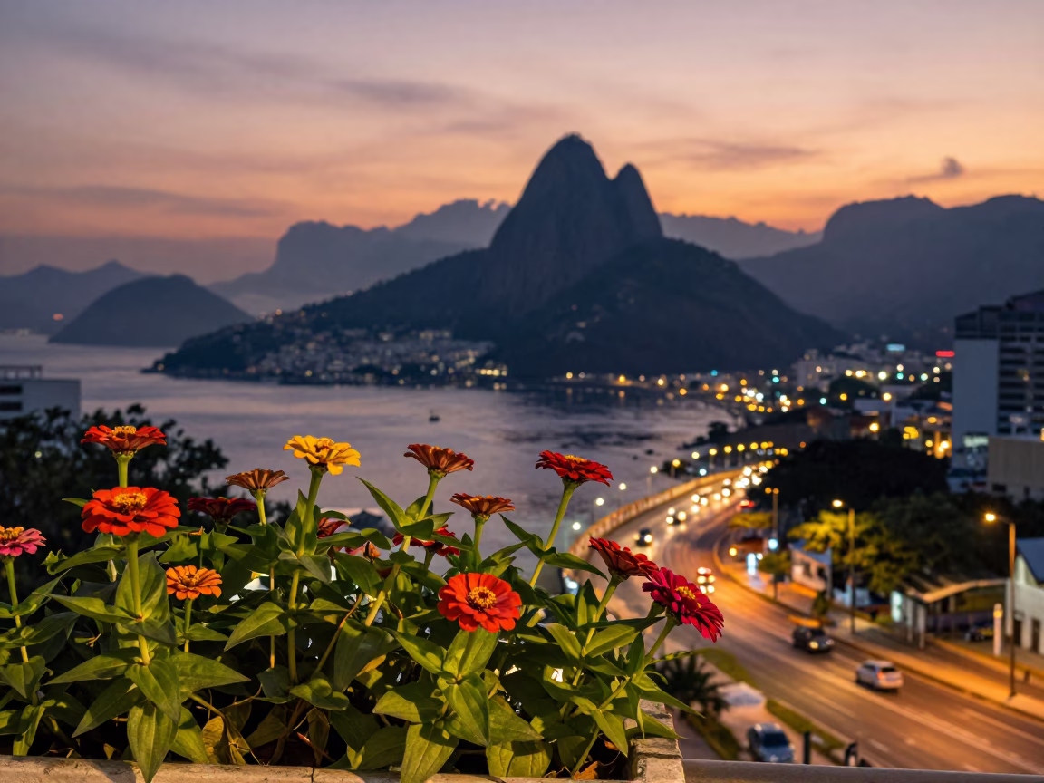 Rio de Janeiro Brazil Twilight Street Scene with Zinnias and Bridge Pier in in Rio de Janeiro, Brazil