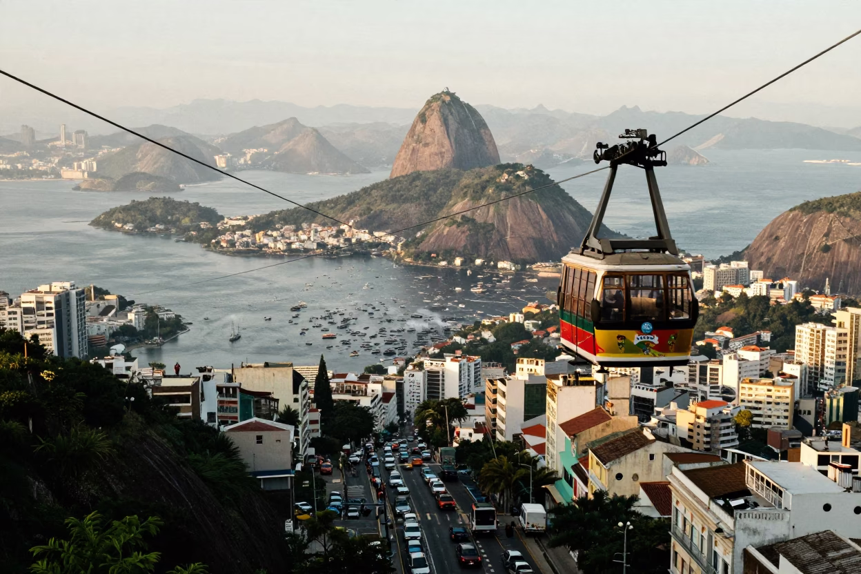Rio de Janeiro Cable Car Over City Late Afternoon Busy Street Scene in in Rio de Janeiro, Brazil