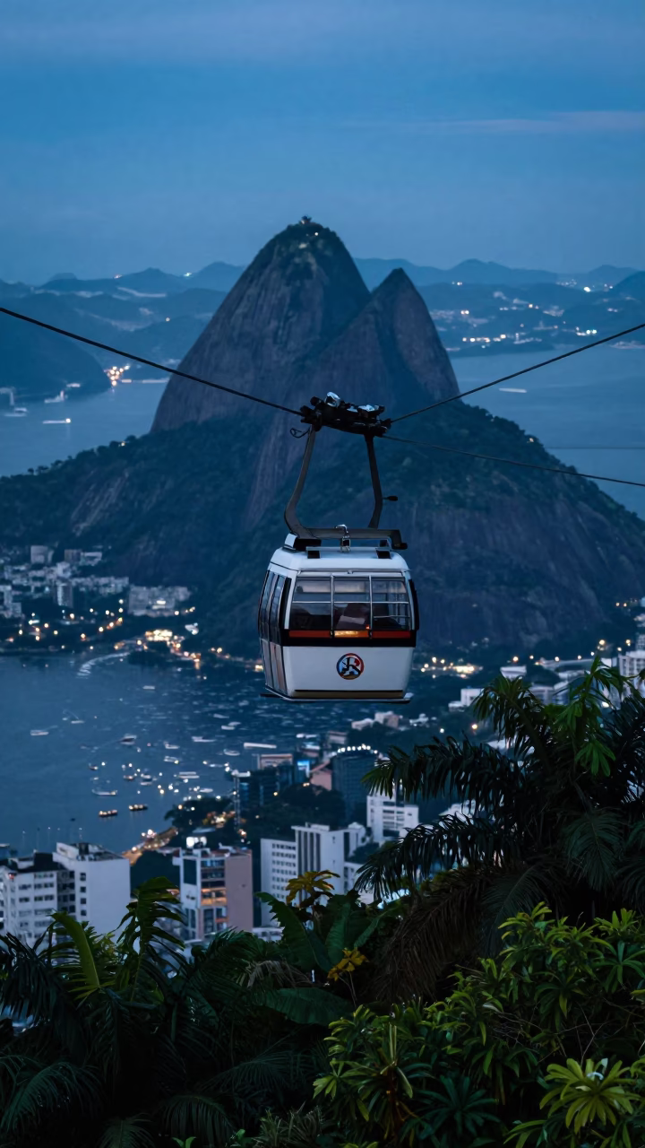 Rio De Janeiro Car Descending at The Last Blue Light Of Evening in in Rio de Janeiro, Brazil