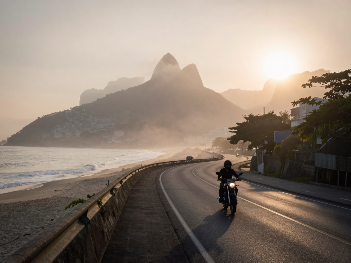 Rio de Janeiro Coastal Highway Nautical Dawn with Motorcycle and Foggy Lantern in in Rio de Janeiro, Brazil