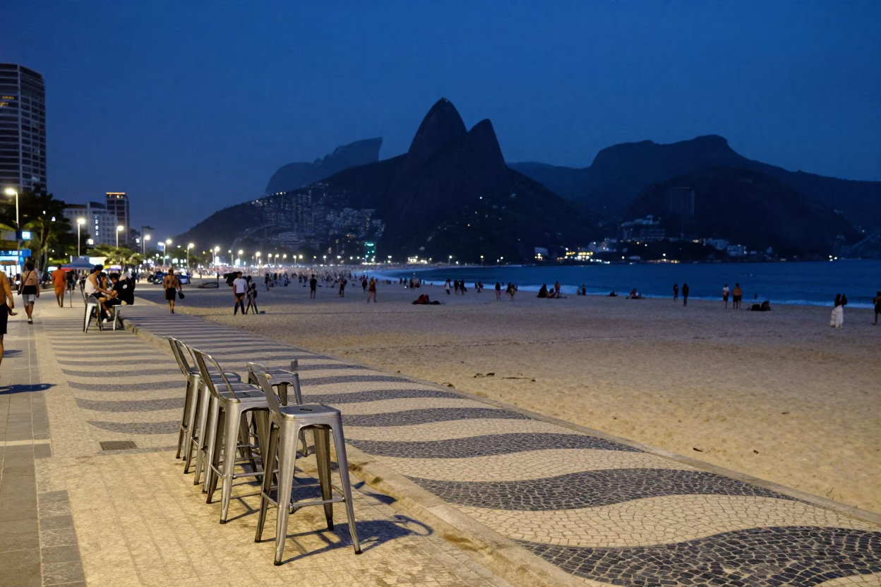 Rio De Janeiro Copacabana Beach Promenade at Twilight in in Rio de Janeiro, Brazil