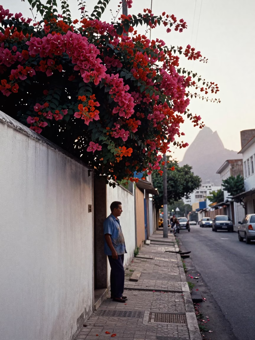 Rio de Janeiro Dawn Street Scene with Bougainvillea and Local Daily Life in in Rio de Janeiro, Brazil