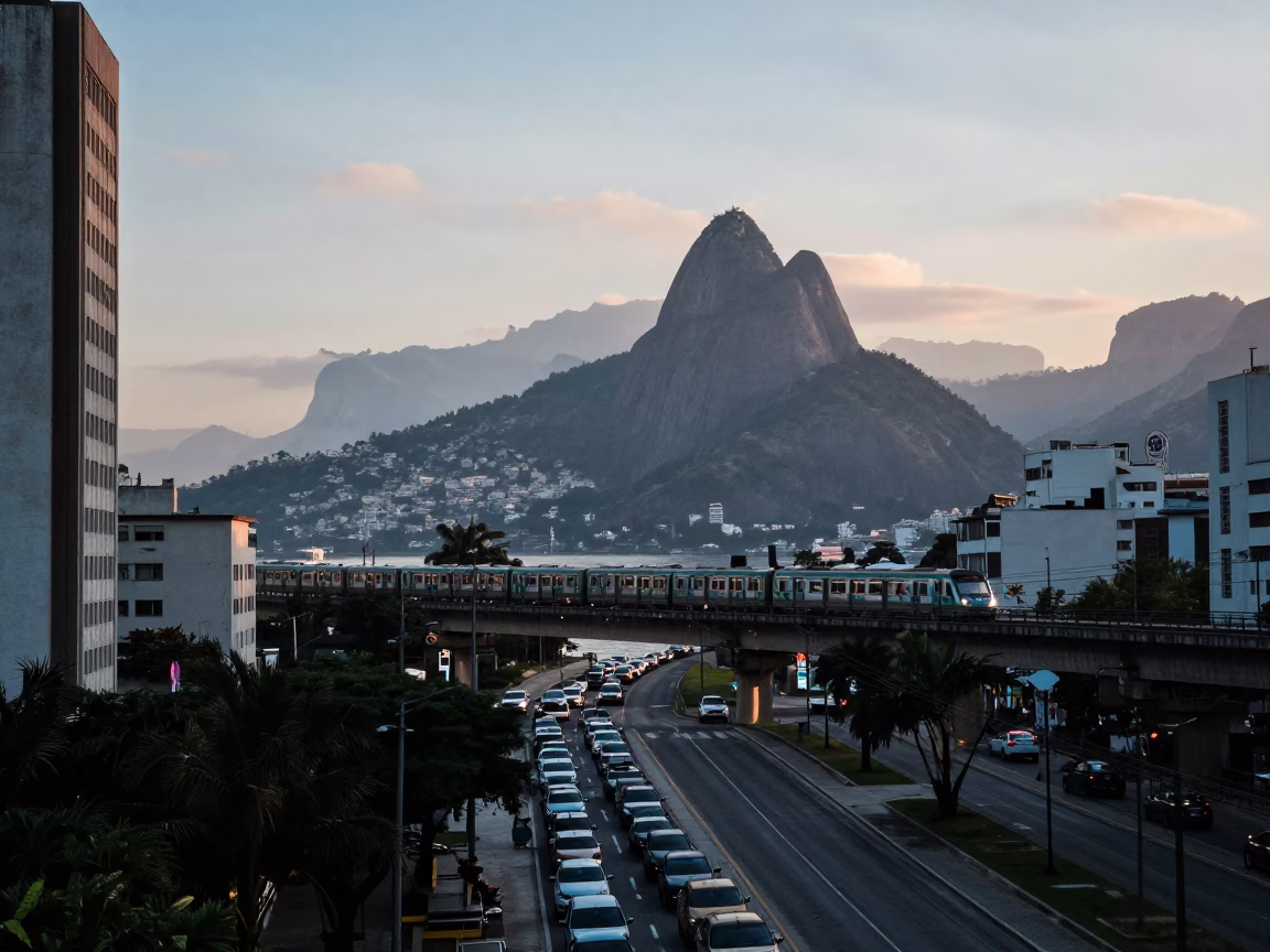 Rio de Janeiro Dawn Street Scene with Commuter Train Crossing Bridge at Blue Hour in in Rio de Janeiro, Brazil