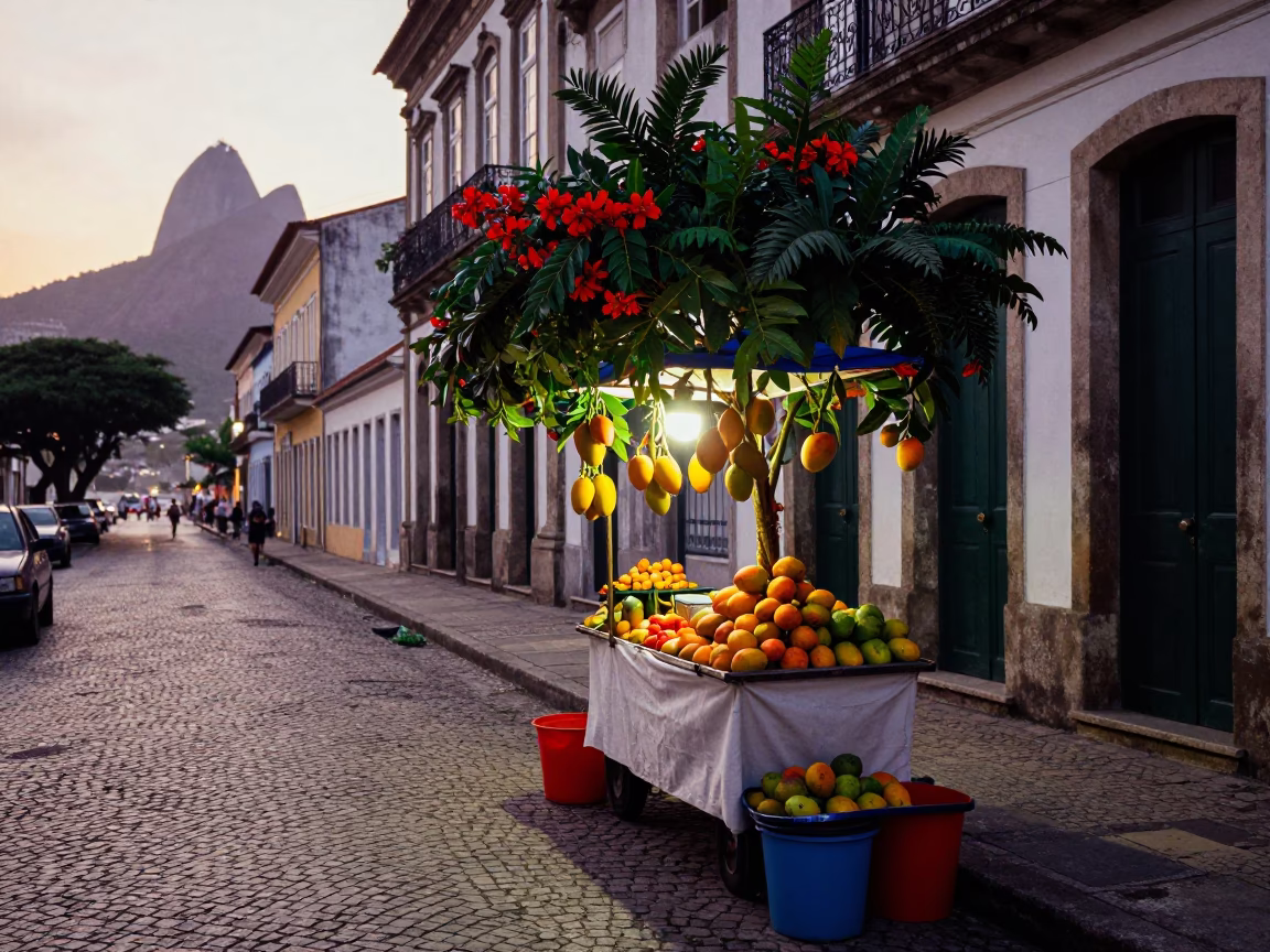 Rio de Janeiro Dawn Street Scene with Mangoes and Tropical Blooms in in Rio de Janeiro, Brazil