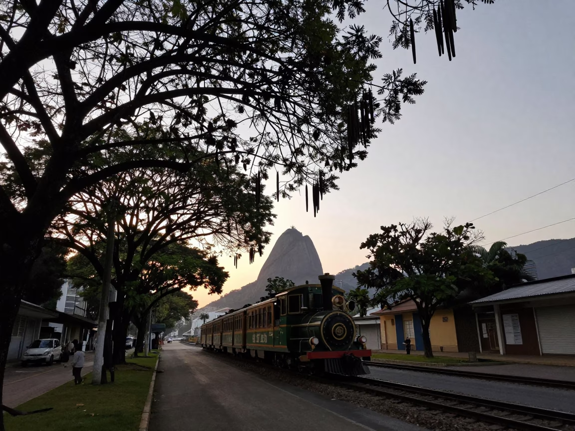 Rio de Janeiro Dawn Street Scene with Narrow Gauge Train and Tamarind Tree in in Rio de Janeiro, Brazil
