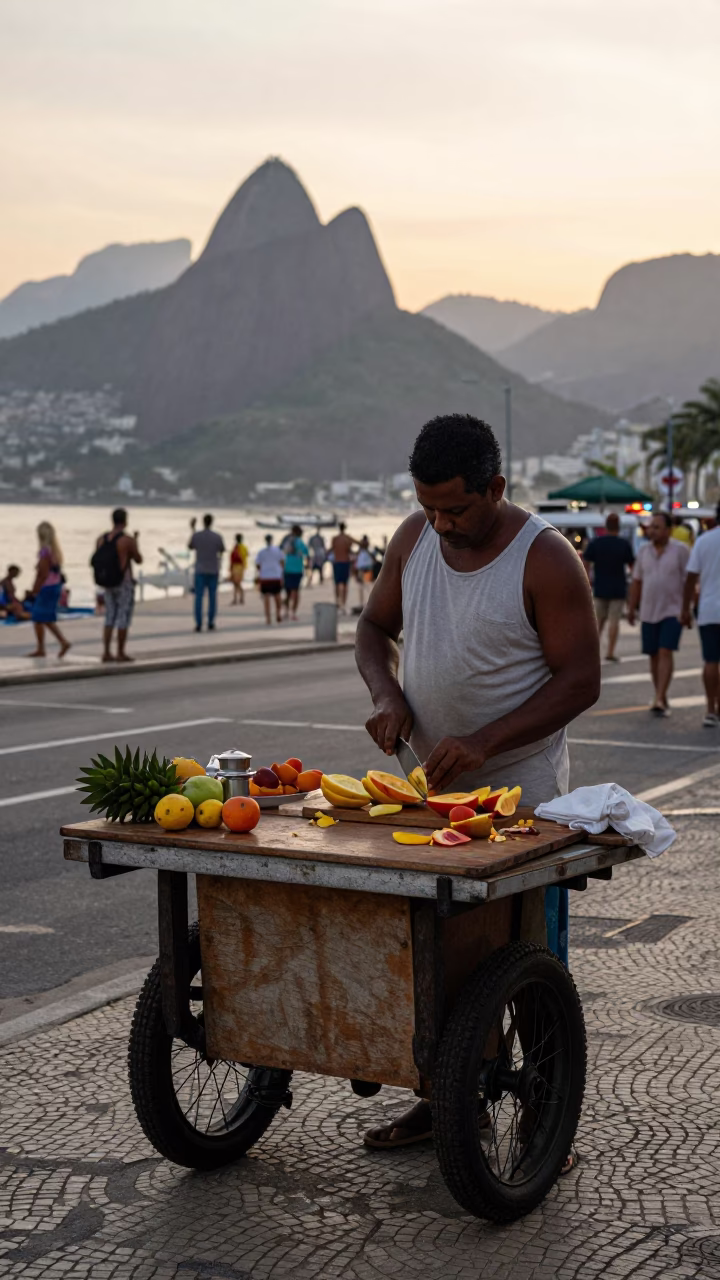 Rio de Janeiro Dawn Street Scene with Sliced Fruit and Crumbs on Cutting Board in in Rio de Janeiro, Brazil