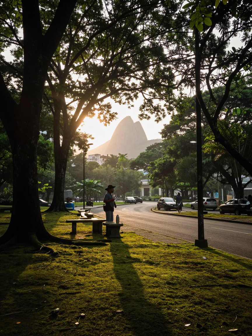 Rio de Janeiro Dawn Street Scene with Thermos and Mossy Park Corner in in Rio de Janeiro, Brazil
